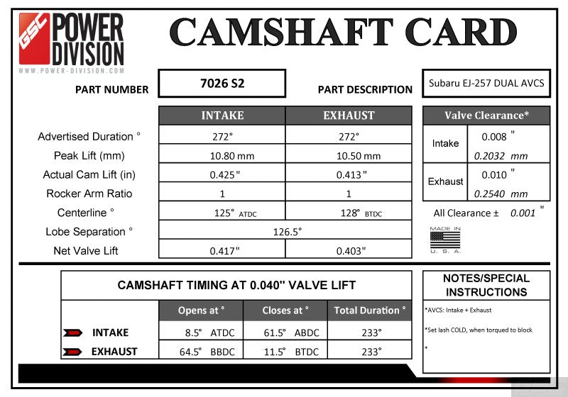 GSC Camshafts EJ257B Dual AVCS Impresa WRX STI 08-17